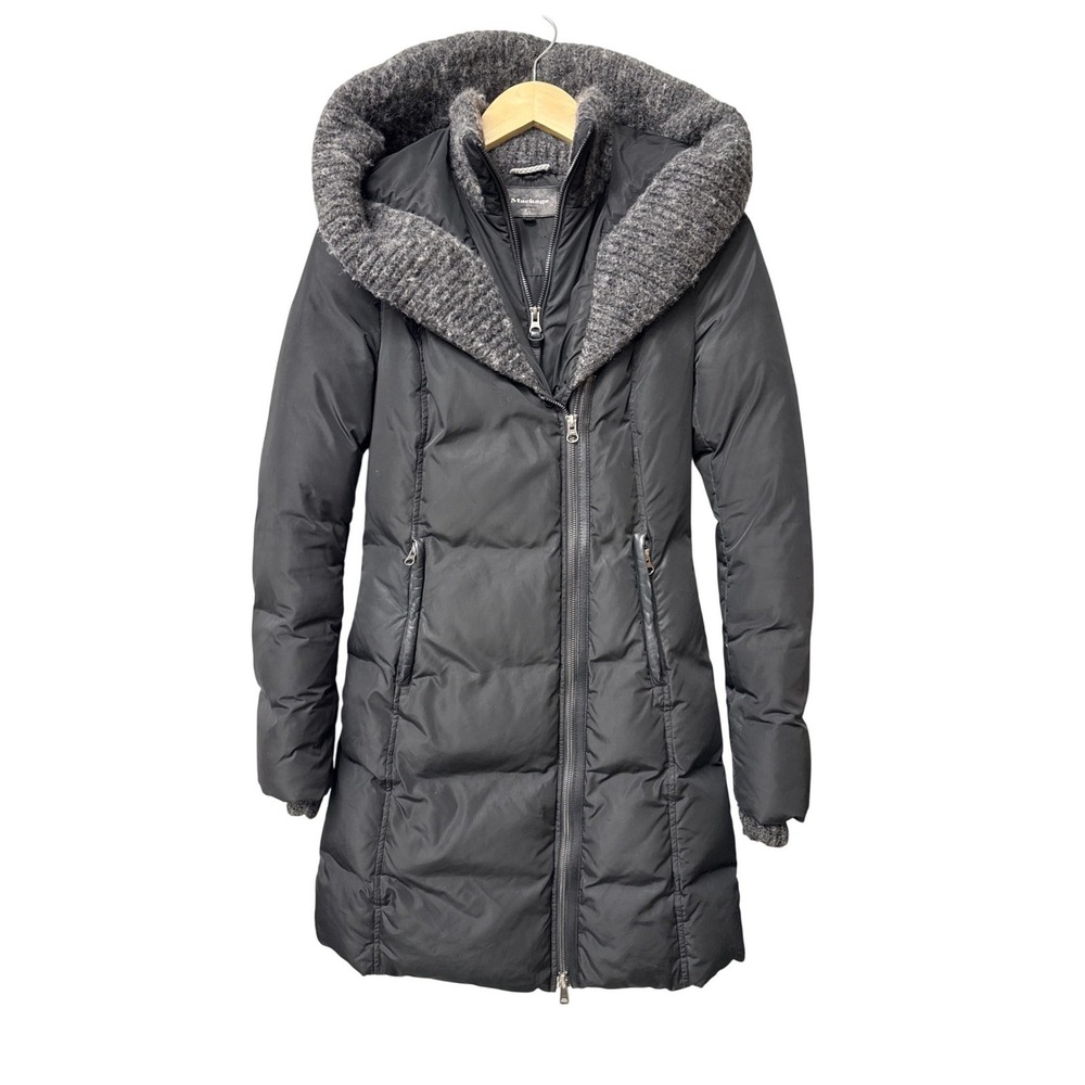 Mackage Kay Down Long Hooded Knit Collar Puffer Coat Womens XS Wool Luxury Black